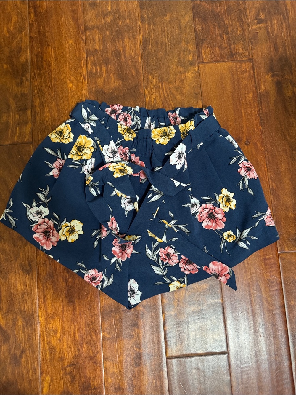 Floral Tie-Front Navy Skort with Elastic Waist